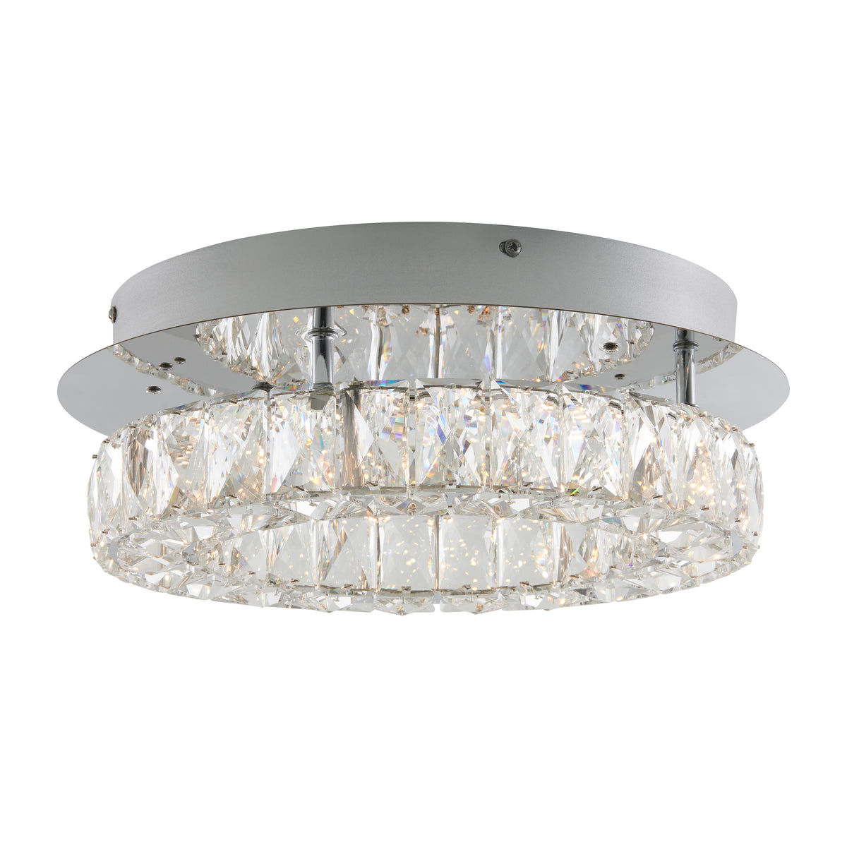 A modern round ceiling light fixture with two concentric rings of faceted clear crystals set in a silver metallic frame, designed for a contemporary interior space.