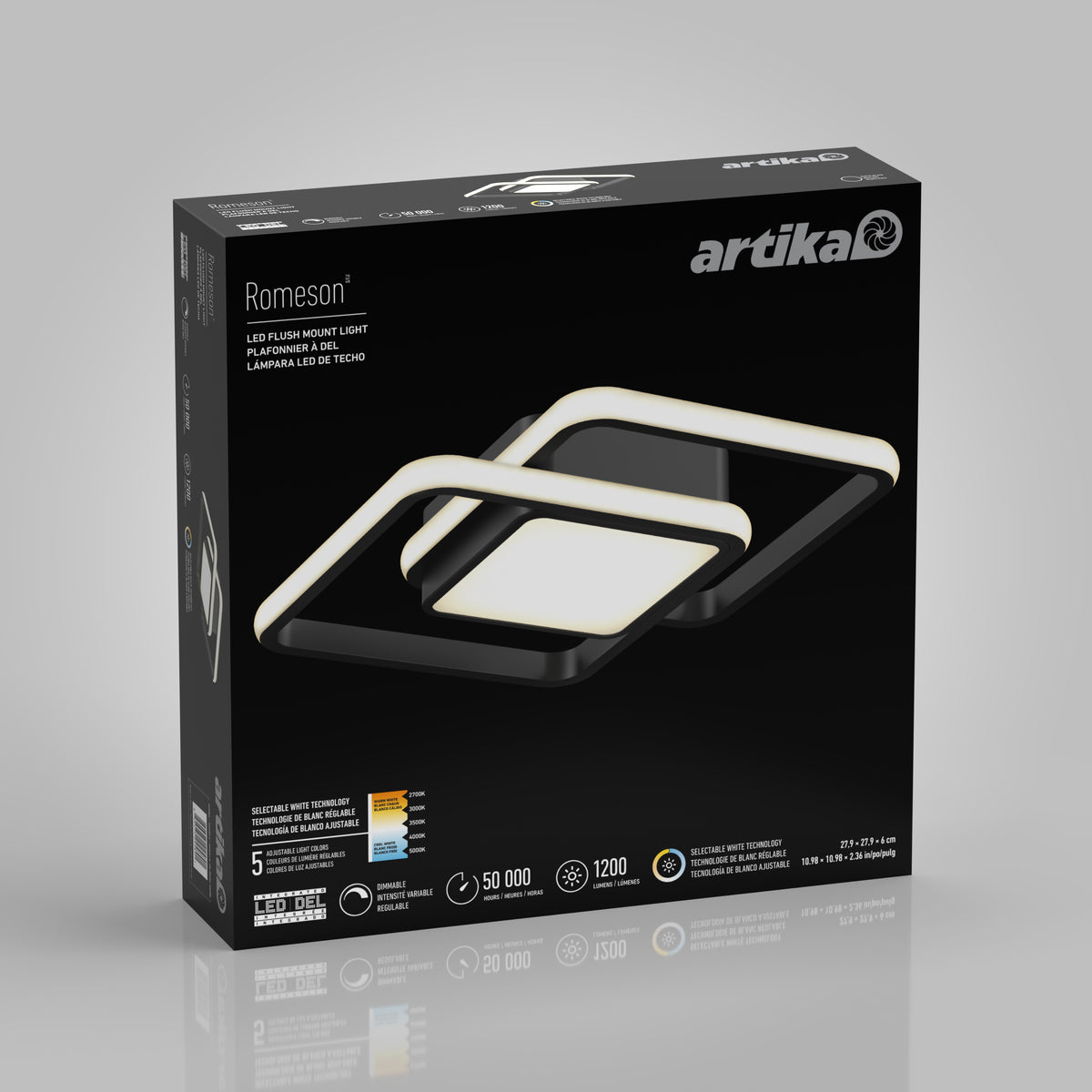 Box of Artika Romeosn LED flush mount light, featuring an image of the modern, square-shaped ceiling fixture with white light borders on a black background and product details displayed on the packaging.
