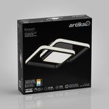 Box of Artika Romeosn LED flush mount light, featuring an image of the modern, square-shaped ceiling fixture with white light borders on a black background and product details displayed on the packaging.