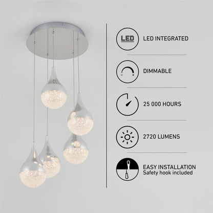 Artika’s Glitzer 5-light LED pendant features teardrop-shaped, integrated dimmable LEDs, a 25,000-hour lifespan, 2720 lumens brightness, and easy installation.