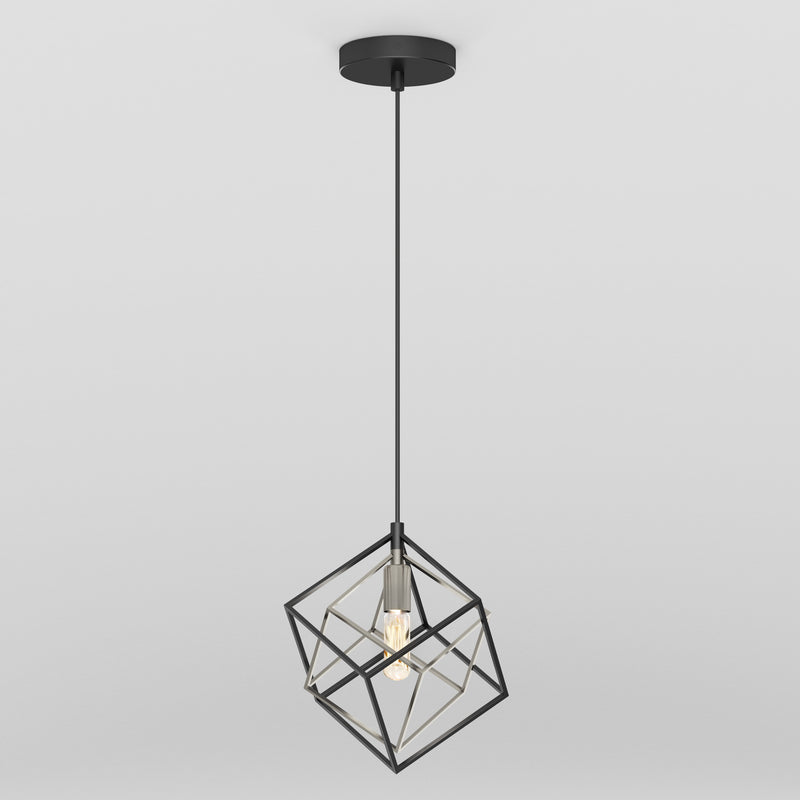 The Imperium Single pendant light by Artika features a geometric open metal cube frame with an exposed bulb and a black cord and ceiling mount, photographed against a plain white background.