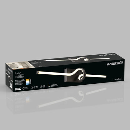 A rectangular black box from Artika featuring an image of the Bowtie modern LED bathroom vanity light 5 CCT, highlighting its energy efficiency, long lifespan, and impressive light output.