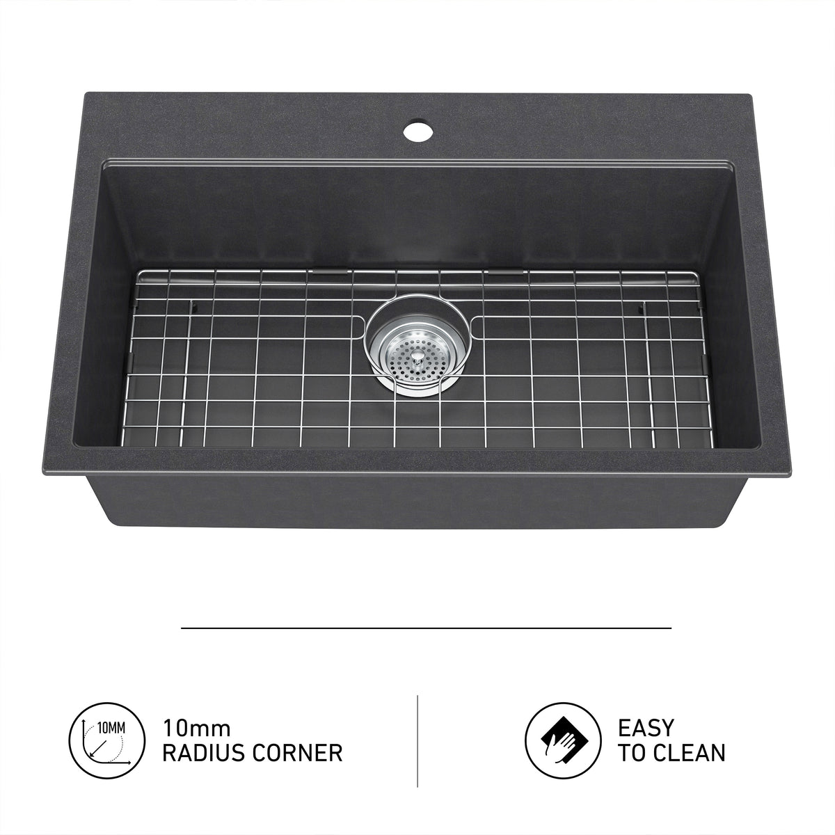 Artika Baycrest 33 in. black sink: single bowl, wire rack, center drain, 10mm radius corners, easy-to-clean.