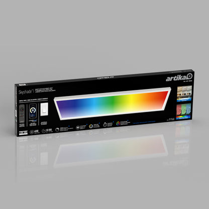 A rectangular black box for the Artika Skyshade smart RGB LED light panel displays the panel glowing in multiple colors. The packaging highlights features, controls, and color options against a gray background.
