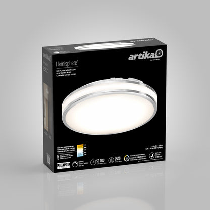 A box of Artika Hemisphere 15 in. LED flush mount light 5 CCT, with a photo of the round fixture, details, and icons for adjustable brightness, 5 color temps, 50,000-hour lifespan, and 2500 lumens on the front.