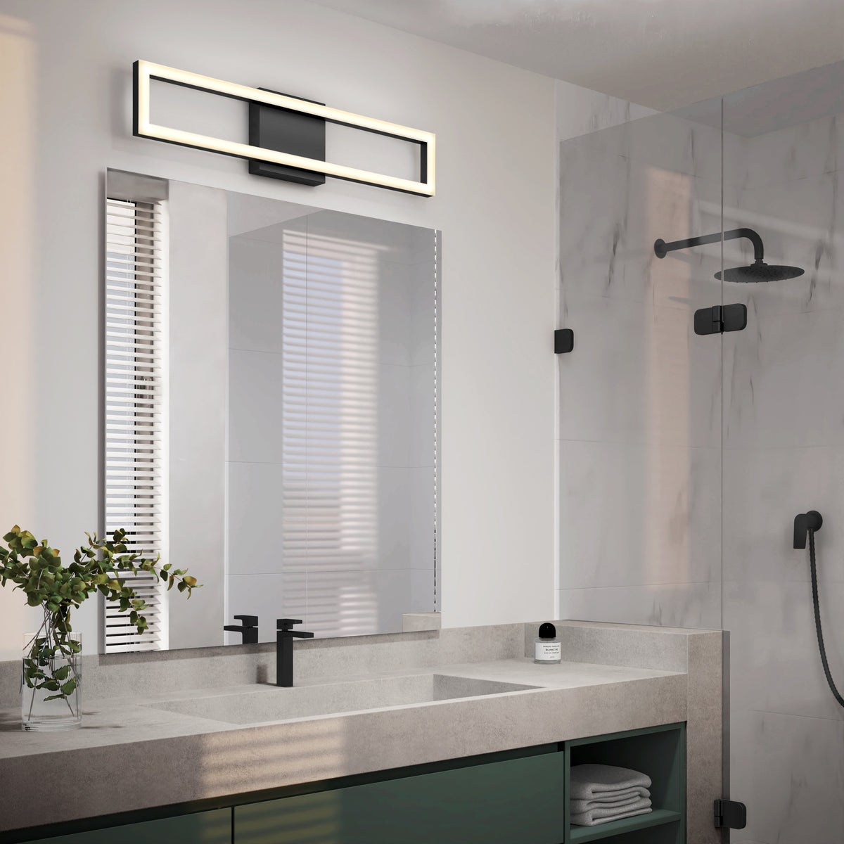 A modern bathroom with a large mirror, an Artika Dover 27-in Integrated LED vanity light above, double sinks with black faucets, a glass shower enclosure, black shower fixtures, and a vase with green foliage on the counter.