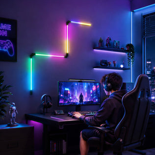 A gamer at a neon-lit desk with Artika’s Fitch RGB LED floor lamp, vibrant smart lighting, figurines, and a cityscape view.