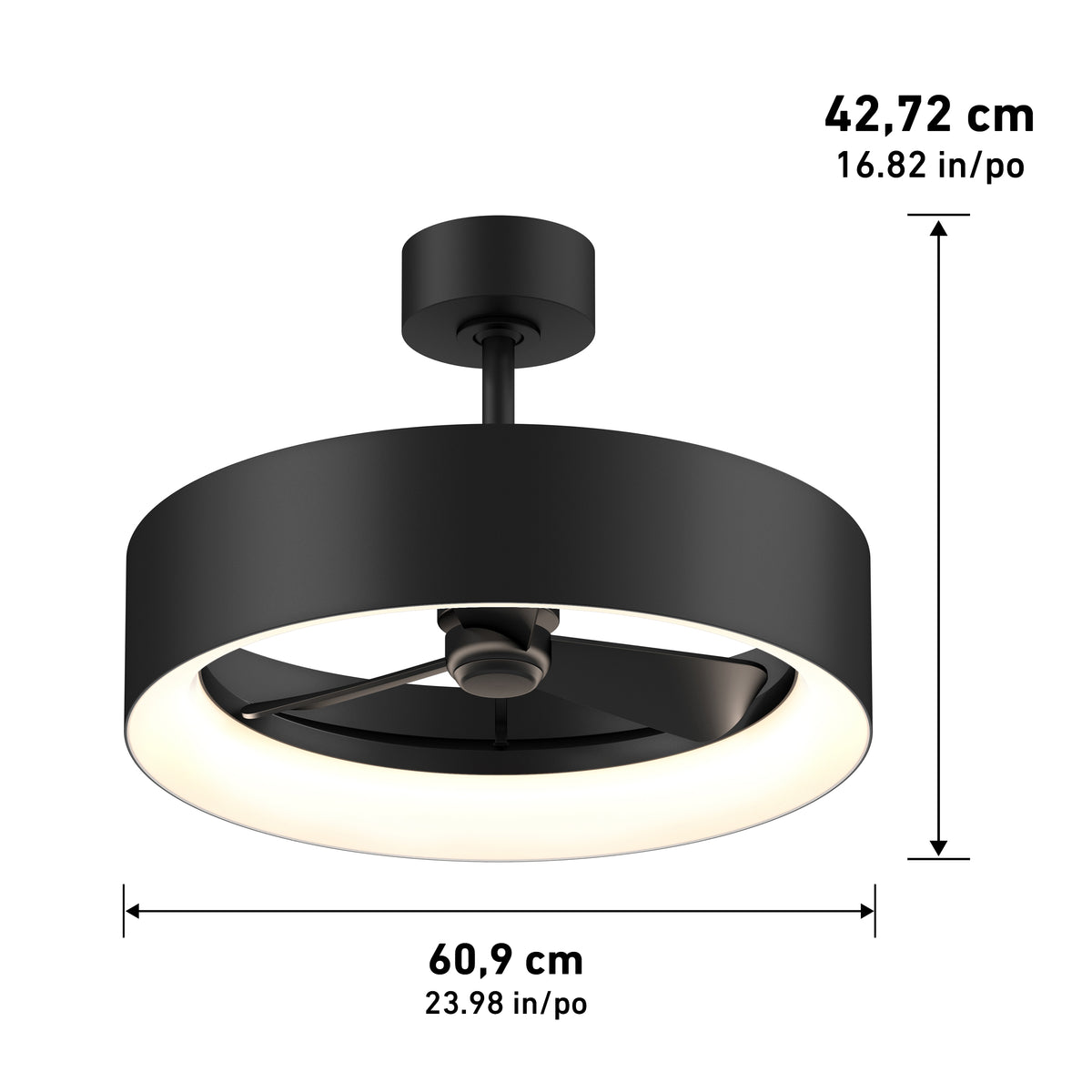 Black ceiling fan with a circular LED light, shown with measurements: 42.72 cm (16.82 in) high and 60.9 cm (23.98 in) wide. The fan has three blades enclosed within the round light fixture.