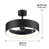 Black ceiling fan with a circular LED light, shown with measurements: 42.72 cm (16.82 in) high and 60.9 cm (23.98 in) wide. The fan has three blades enclosed within the round light fixture.
