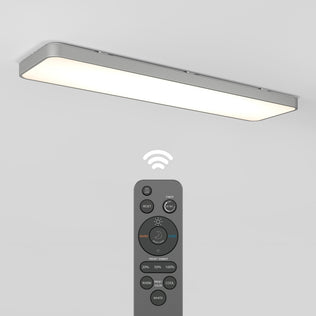 The Artika Europa 48 LED flush mount light is shown in a modern rectangular design, with its remote control below and a wireless symbol indicating the remote can operate the light.