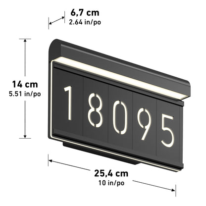 The Artika Bowen Modern LED Outdoor Address Wall Light 5 CCT features white illuminated numbers "18095" on a black rectangular plaque (25.4 x 14 x 6.7 cm), with a built-in top light and measurements shown in both cm and inches.