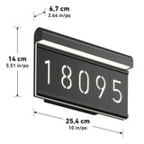 A black rectangular house number sign with white backlit numbers 18095, measuring 25.4 cm wide, 14 cm high, and 6.7 cm deep. Dimensions are shown with both centimeters and inches.
