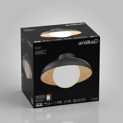 A black box features the Artika Boden LED flush mount light 5 CCT, showcasing its round design with a white globe and wood accents. The product name and specifications are displayed on the package.