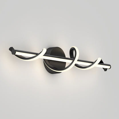 The Artika Coda modern LED bathroom vanity light features a sleek black circular base and horizontal rod, with a glowing white LED strip artistically looped for a stylish wall-mounted look.