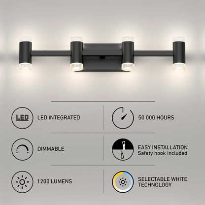 The Artika Mist modern LED bathroom vanity light features 4 lights, selectable white (5 CCT), 1200 lumens, integrated LEDs with a 50,000-hour lifespan, dimmable function, and easy installation.