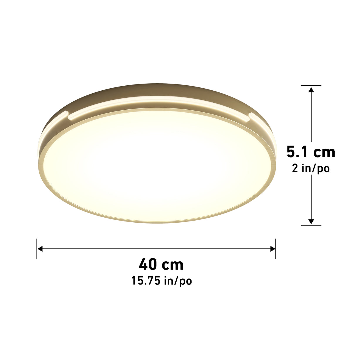 A round ceiling light with a glowing white center, measuring 40 cm (15.75 in) wide and 5.1 cm (2 in) high. Black arrows and text indicate the dimensions.