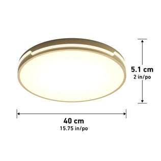 The Artika Delray 15.7 in. LED modern flush mount light offers a soft glow and features labeled dimensions: 40 cm (15.75 in.) diameter, 5.1 cm (2 in.) height, with selectable color temperatures (5 CCT).