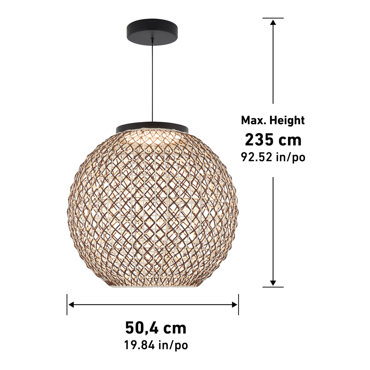 A woven spherical pendant light hangs from a ceiling mount. The lamp measures 50.4 cm (19.84 in) wide and has a maximum hanging height of 235 cm (92.52 in), shown with labeled arrows.