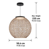 A woven spherical pendant light hangs from a ceiling mount. The lamp measures 50.4 cm (19.84 in) wide and has a maximum hanging height of 235 cm (92.52 in), shown with labeled arrows.