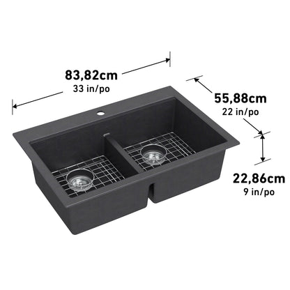 Artika Baycrest 33 in. (84 cm) Black Double Bowl Sink with grids, labeled 33 x 22 x 9 in. (83.82 x 55.88 x 22.86 cm).