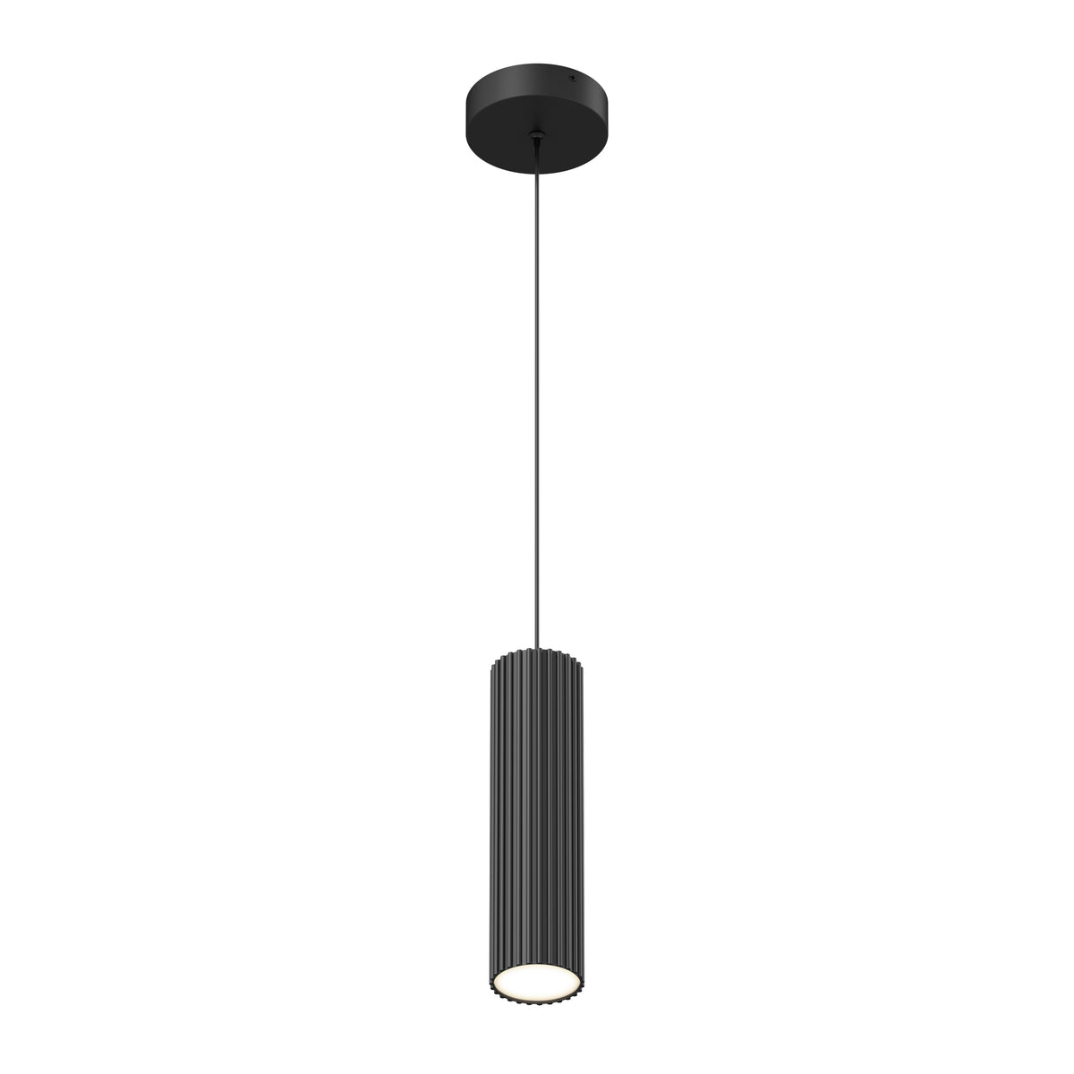 A modern black pendant light with a cylindrical, vertically ribbed shade hangs from a thin cord attached to a round ceiling mount, shown against a white background.