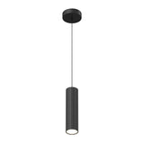 A modern black pendant light with a cylindrical, vertically ribbed shade hangs from a thin cord attached to a round ceiling mount, shown against a white background.