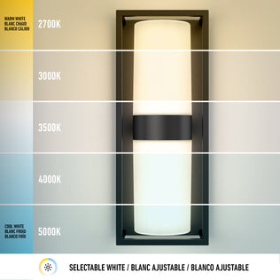 The Artika Sherman modern LED indoor-outdoor wall light 5 CCT shows color temps from warm 2700K (top) to cool 5000K (bottom), labeled by Kelvin, with “Selectable White” in English, French, and Spanish.