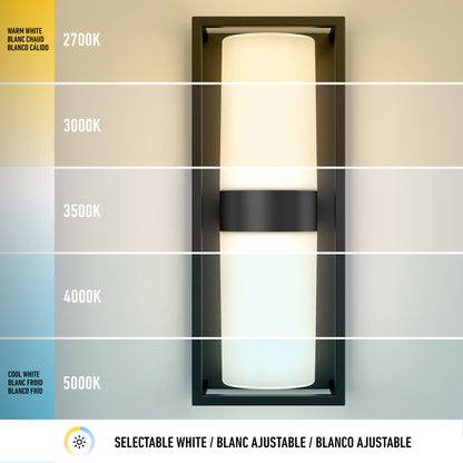 The Artika Sherman modern LED indoor-outdoor wall light 5 CCT shows color temps from warm 2700K (top) to cool 5000K (bottom), labeled by Kelvin, with “Selectable White” in English, French, and Spanish.