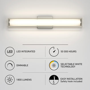 Artika Venicia 27″ LED vanity light—1800lm, 50,000 hrs, selectable white, icons show easy install for bathroom mirrors.