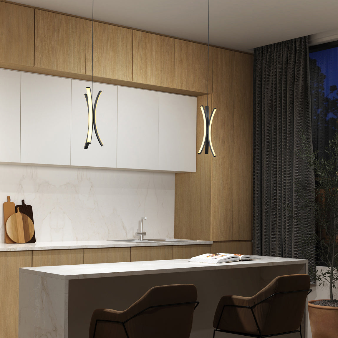 Modern kitchen with wood and white cabinetry, marble backsplash and countertop, two Artika Corben Pendant LED lights in black, two island chairs, and dark curtains by a large window revealing the night outside.