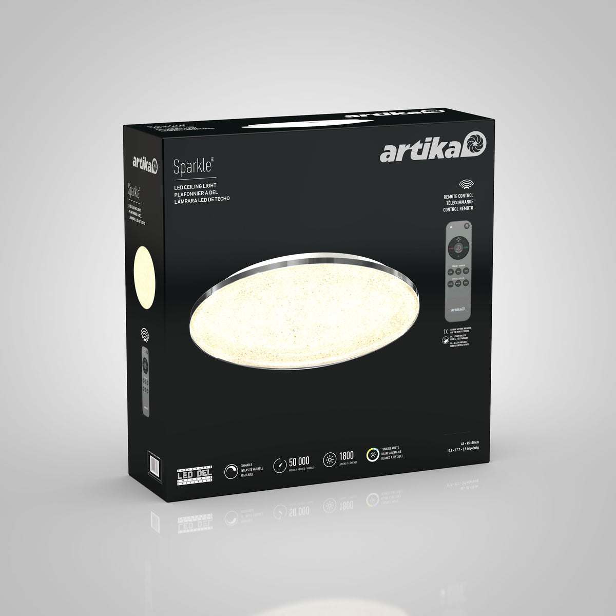 A black box with the Artika logo contains a Sparkle LED ceiling light. The packaging shows an image of the round light and a remote control, along with product details and icons highlighting its features.