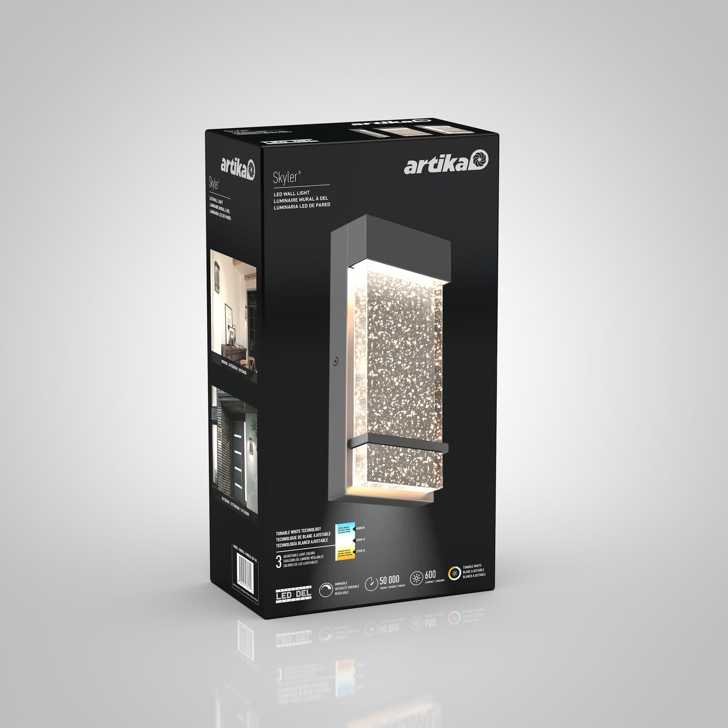 Artika Skyler indoor-outdoor LED wall light box displays the product image, features, and specs on a black background with white and blue text and icons.