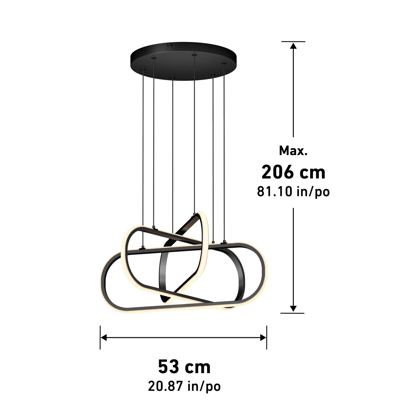 The Artika Lewis modern LED pendant light features abstract black and gold loops, suspended from a round black mount. Dimensions: 53 cm wide, max hanging height 206 cm. Select from three color temperatures (3 CCT).