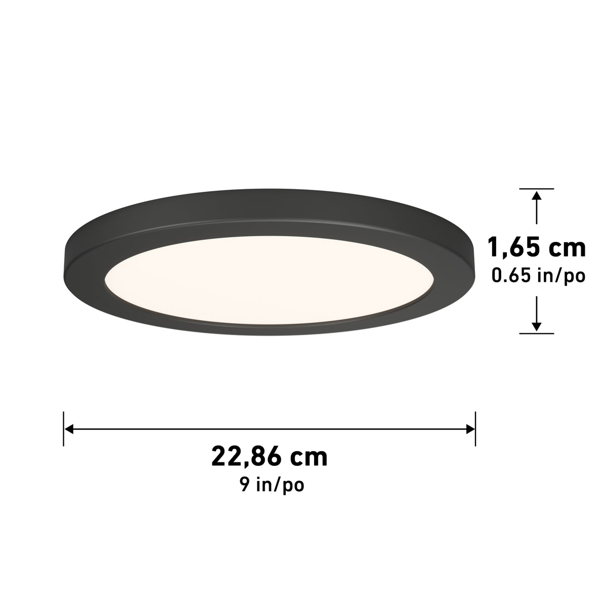 A round, black LED ceiling light measuring 22.86 cm (9 inches) in diameter and 1.65 cm (0.65 inches) in height, displayed with labeled dimensions.