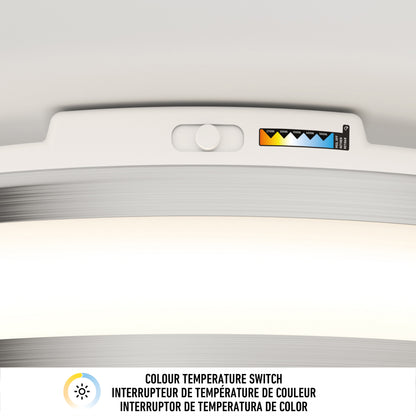 Close-up of the Artika Hemisphere 15 in. LED flush mount light with adjustable brightness and a 5 CCT color temperature switch. A label shows the options with “COLOUR TEMPERATURE SWITCH” in English, French, and Spanish—ideal for bathrooms.