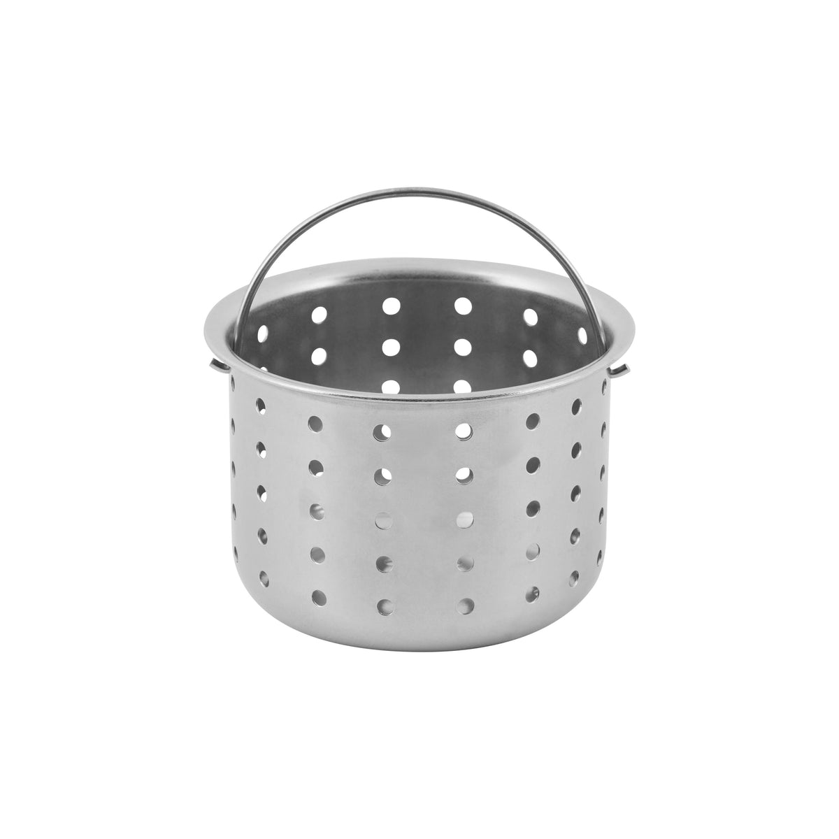 A stainless steel basket with evenly spaced round holes and a metal handle, designed for draining or steaming food, shown on a white background.