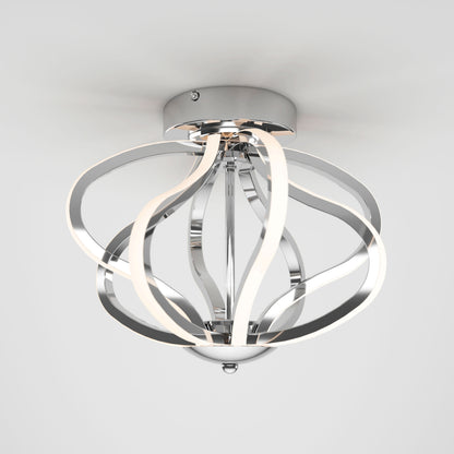 The Artika Meridian LED flush mount light features curved chrome arms and integrated LED strips, creating a sculptural sphere against a white ceiling.