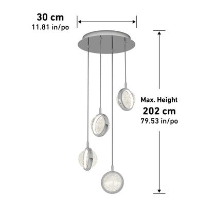 The Artika Avalon 4-light LED pendant features four circular lights suspended at varying lengths from a round base. Dimensions: 30 cm (11.81 in.) diameter, max height 202 cm (79.53 in.).