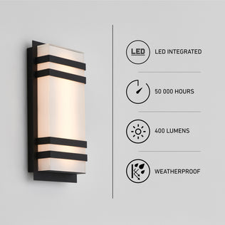Artika Glowbox 3 rectangular indoor-outdoor LED wall light with a glowing panel, 50,000-hour lifespan, 400 lumens, and a weatherproof design.
