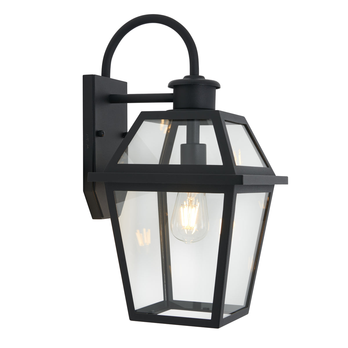 A black outdoor wall lantern with a rectangular base and clear glass panels, showcasing an exposed bulb inside. The fixture has a classic, geometric design and is mounted to the wall with a curved arm.