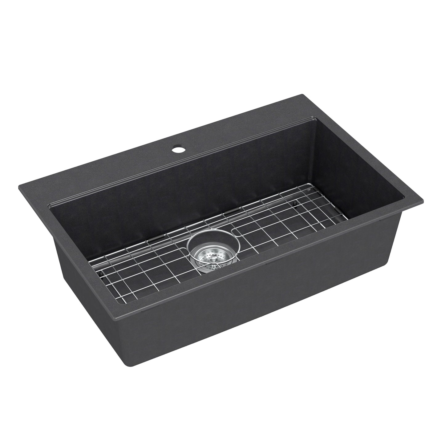 Artika Baycrest 31 in. Modern Sink: rectangular black single bowl with metal grid and one faucet hole.