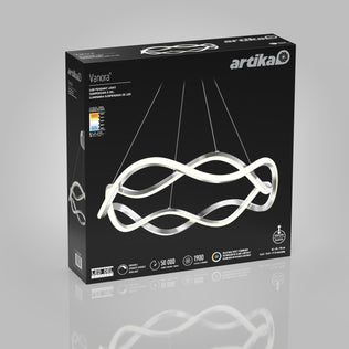 A black Artika box displays the Vanora LED pendant light 5 CCT as a modern, white, intertwined wave design, with product details and logos arranged around the packaging.