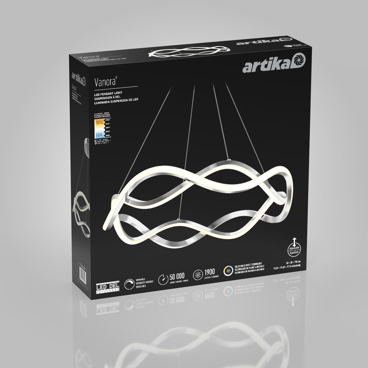 A black product box featuring the Artika Vanora LED pendant light, with an image of the modern, wavy, intertwining LED fixture displayed prominently on the front against a plain gray background.