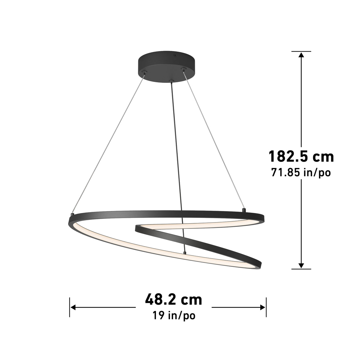 Modern black spiral LED pendant light fixture with two suspension cables, hanging from a round ceiling mount. Dimensions indicated: height 182.5 cm (71.85 in), width 48.2 cm (19 in).