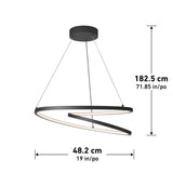 Modern black spiral LED pendant light fixture with two suspension cables, hanging from a round ceiling mount. Dimensions indicated: height 182.5 cm (71.85 in), width 48.2 cm (19 in).