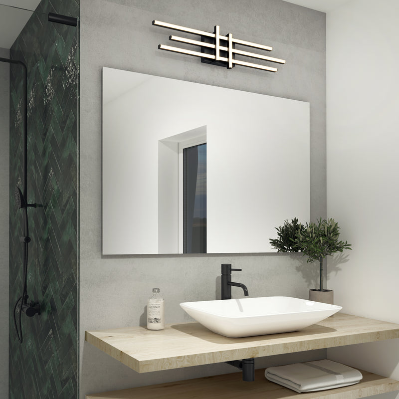 Modern bathroom with vessel sink, large mirror, minimal decor, potted plant, and Artika Grid modern LED vanity light.