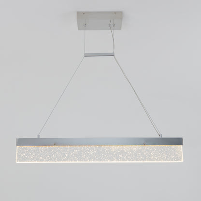 The Artika Essence Bar LED pendant light features a modern rectangular metallic frame and a textured bubble-glass panel, suspended from the ceiling by two thin wires, shown here against a plain white background.