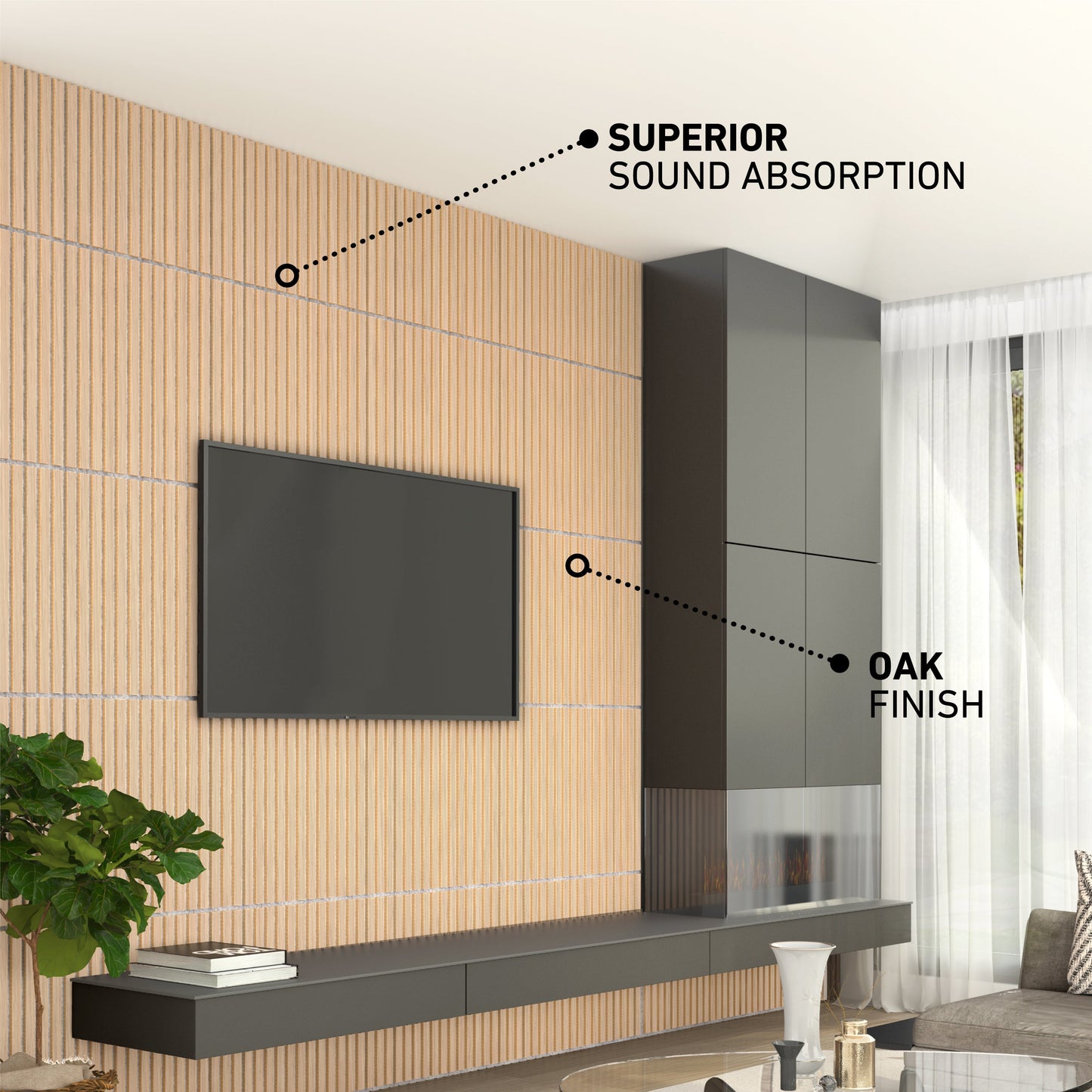 A modern living room features Artika-CAN-dev’s Sonolok 15.5 ft sound-absorbing wall panel kit with an oak finish, labeled for superior sound absorption, plus a built-in fireplace and a flat-screen TV above a sleek black console.