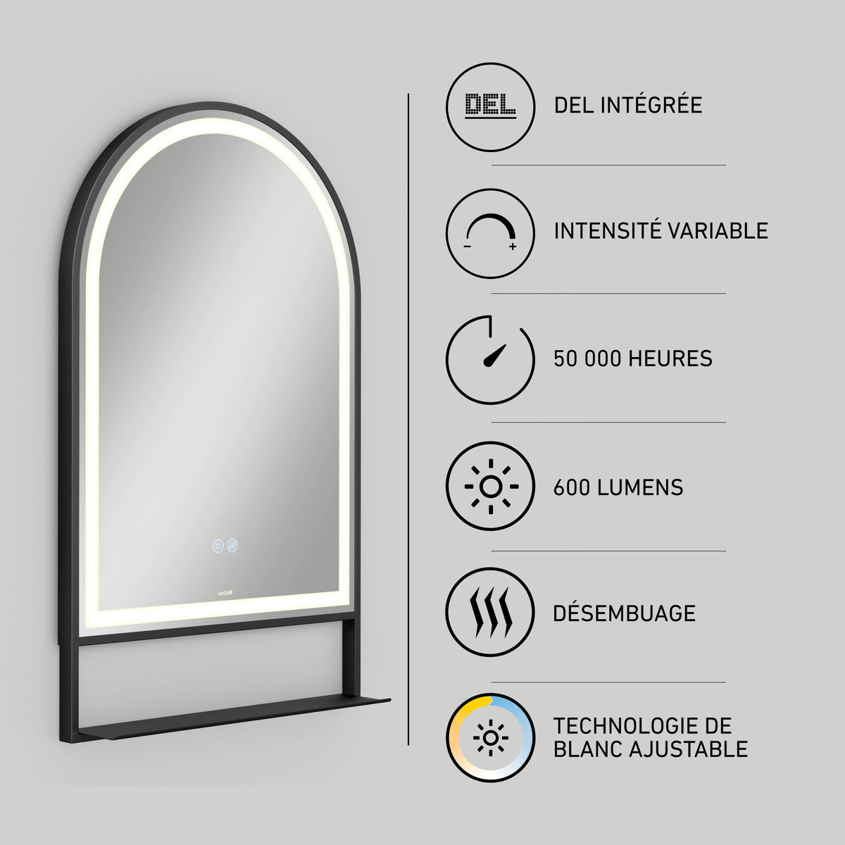 Artika Arturo 20″x32″ LED mirror with 3 CCT, defogger, adjustable brightness, 600 lumens, and 50,000-hour lifespan.