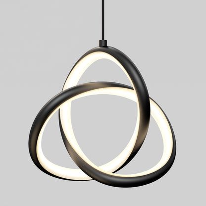The Artika Zephyr 3-light LED pendant features three interlocking illuminated rings with a black frame, suspended from the ceiling against a plain gray background.